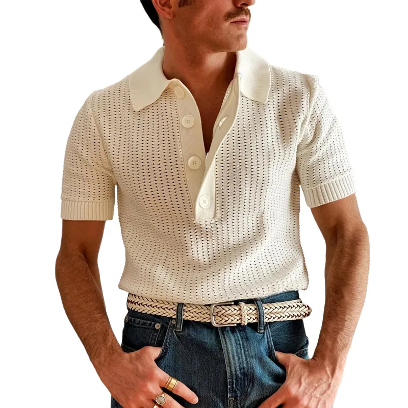 Men's Knit Hollow Lapel Lapel Short Sleeve Polo Shirt MTA0113D5Z sold by Manly
