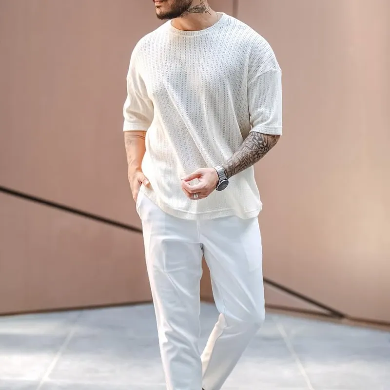 Men's Solid Hollow Out Round Neck Short Sleeve T-shirt MTA0143D6Z sold by Manly product image thumbnail 3