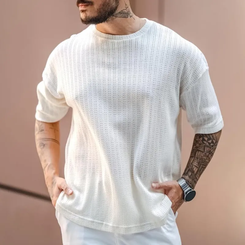 Men's Solid Hollow Out Round Neck Short Sleeve T-shirt MTA0143D6Z sold by Manly product image thumbnail 2