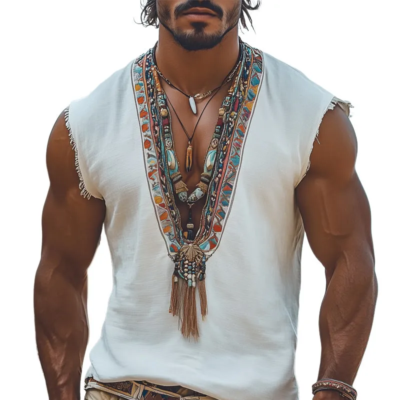 Men's Summer Retro Deep V Neck Embroidered Tank Top MTA0981D3U sold by Manly