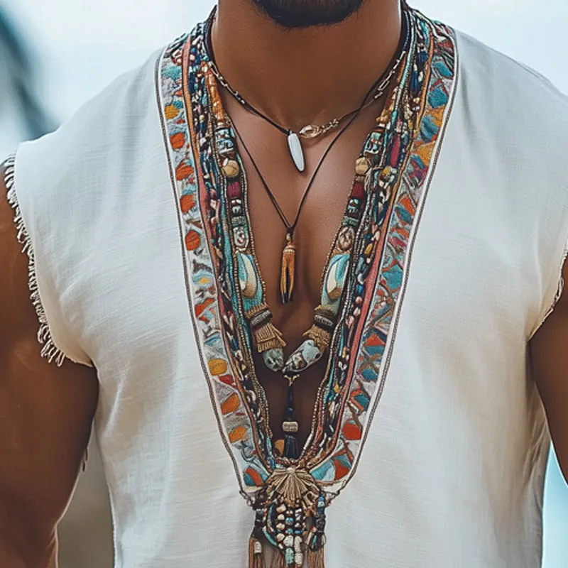 Men's Summer Retro Deep V Neck Embroidered Tank Top MTA0981D3U sold by Manly product image thumbnail 3