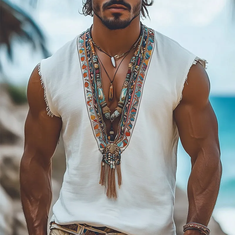 Men's Summer Retro Deep V Neck Embroidered Tank Top MTA0981D3U sold by Manly product image thumbnail 2