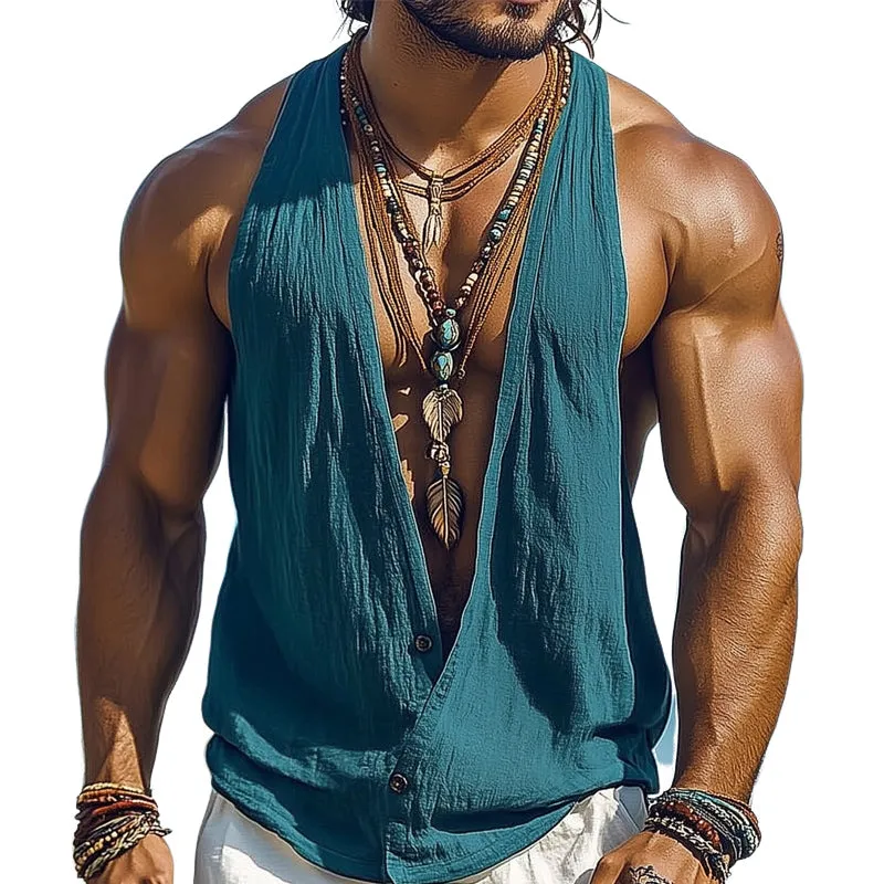 Men's Summer Basic Deep V-Neck Cotton and Linen Tank Top MTA0906D5U sold by Manly