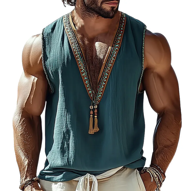 Men's Summer V-neck Vintage Embroidered Tank Top MTA0946D5U sold by Manly