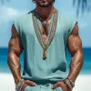 Men's Summer V-neck Retro Embroidered Cotton and Linen Tank Top MTA0928D1U sold by Manly