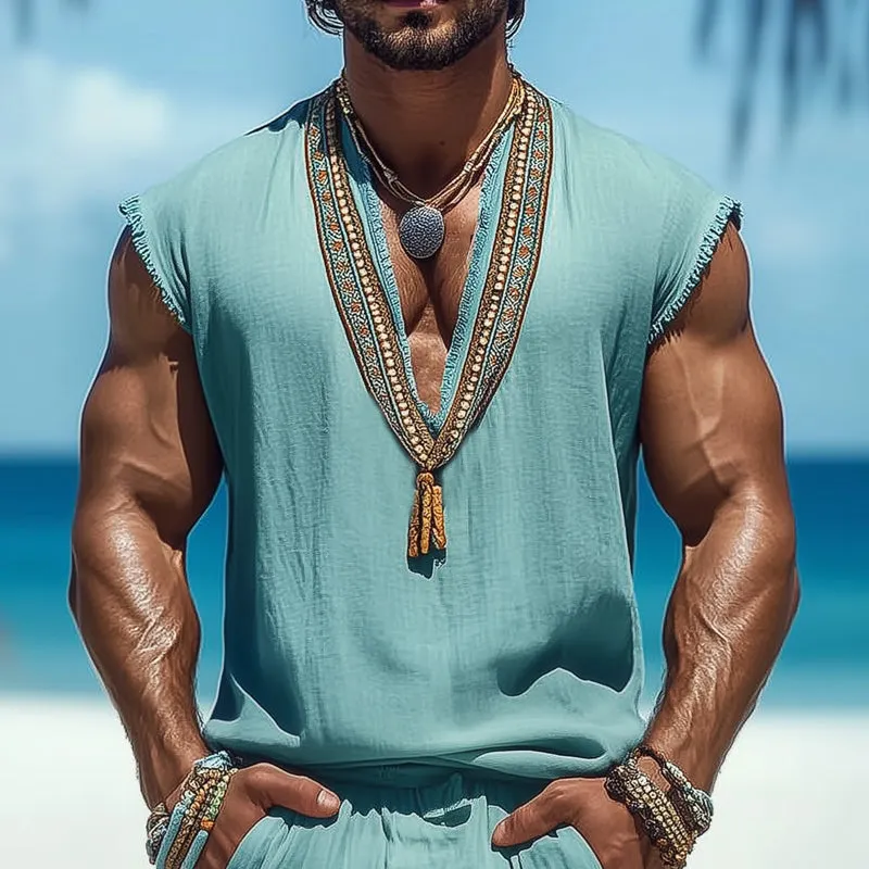 Men's Summer V-neck Retro Embroidered Cotton and Linen Tank Top MTA0928D1U sold by Manly product image thumbnail 2