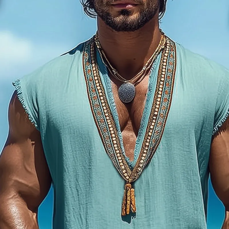 Men's Summer V-neck Retro Embroidered Cotton and Linen Tank Top MTA0928D1U sold by Manly product image thumbnail 3