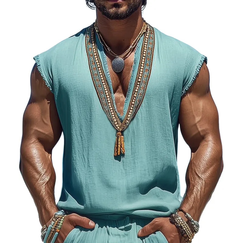 Men's Summer V-neck Retro Embroidered Cotton and Linen Tank Top MTA0928D1U sold by Manly