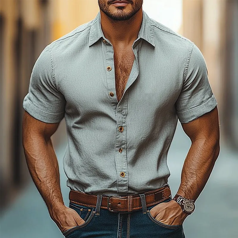 Men's Casual Cotton and Linen Lapel Short Sleeve Shirt MTA0963D7X sold by Manly product image thumbnail 2