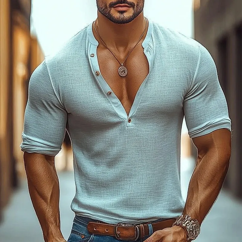 Men's Cotton and Linen Casual Henley Collar Long Sleeve T-Shirt MTA0960D8X sold by Manly product image thumbnail 2