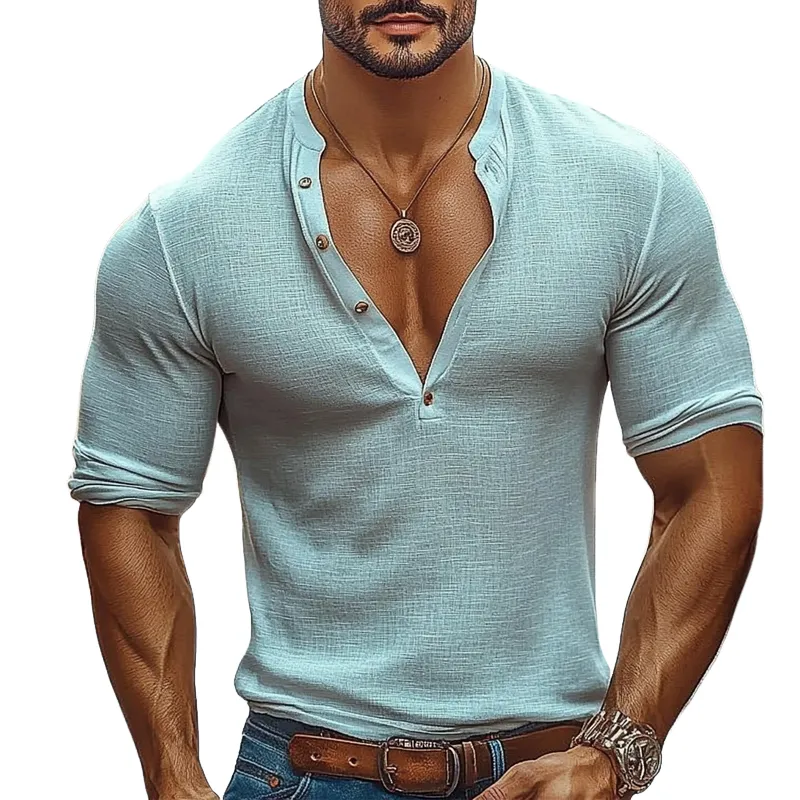 Men's Cotton and Linen Casual Henley Collar Long Sleeve T-Shirt MTA0960D8X sold by Manly