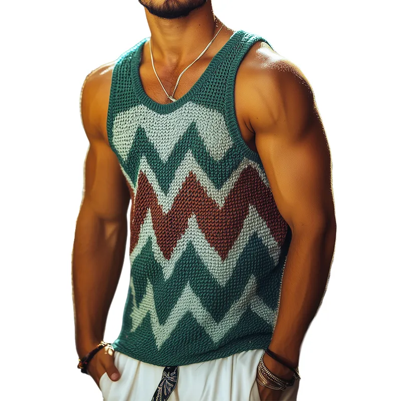 Men's Retro Casual Diamond Colorblock Round Neck Tank Top MTA0337D5TO sold by Manly
