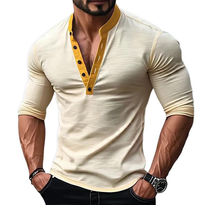 Men's Vintage Slim Fit Henley Neck Stretch Long Sleeve T-Shirt MTA0746D9TO sold by Manly