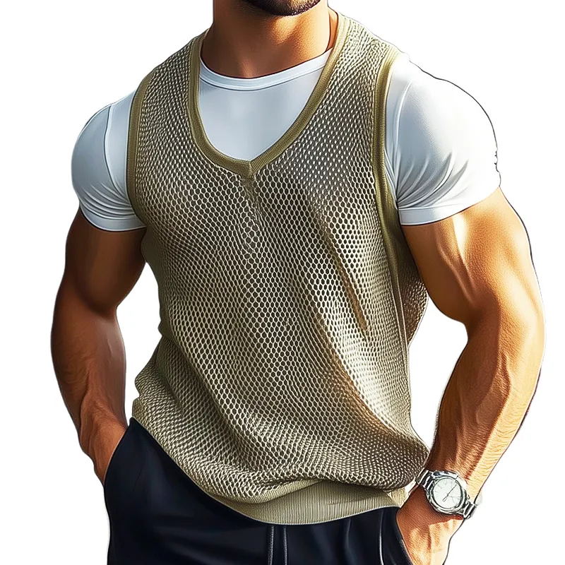 Men's Casual Solid Color Mesh Cool Round Neck Tank Top MTA0715D5TO sold by Manly