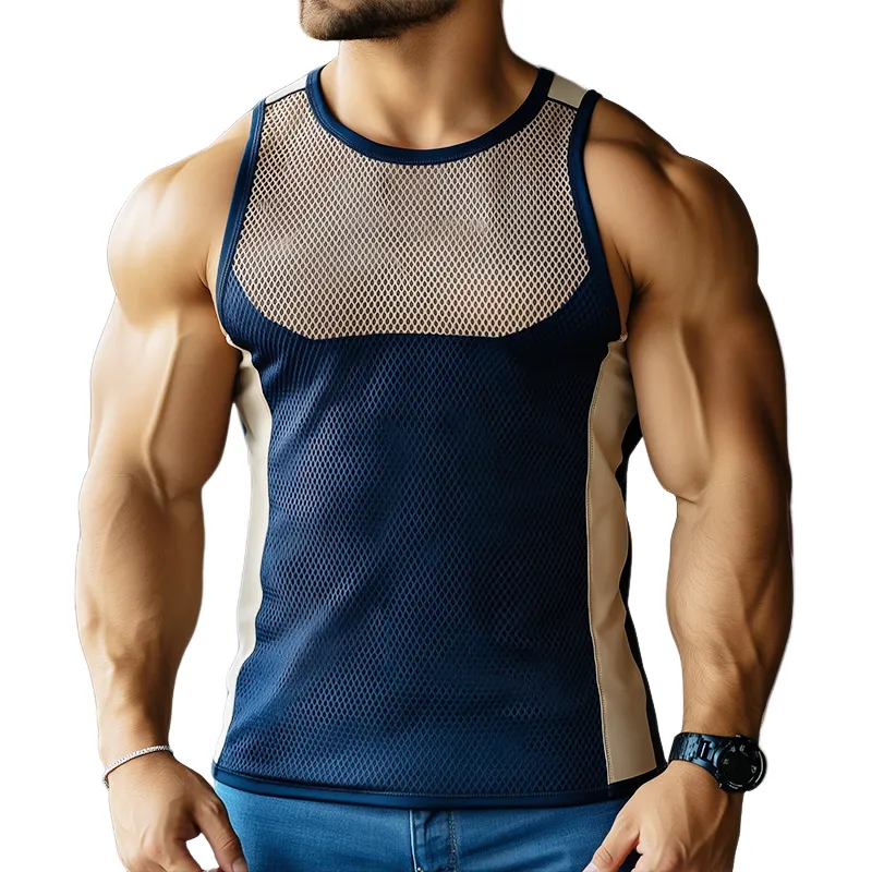 Men's Sportswear Solid Color Mesh Colorblock Round Neck Tank Top MTA0782D8TO sold by Manly