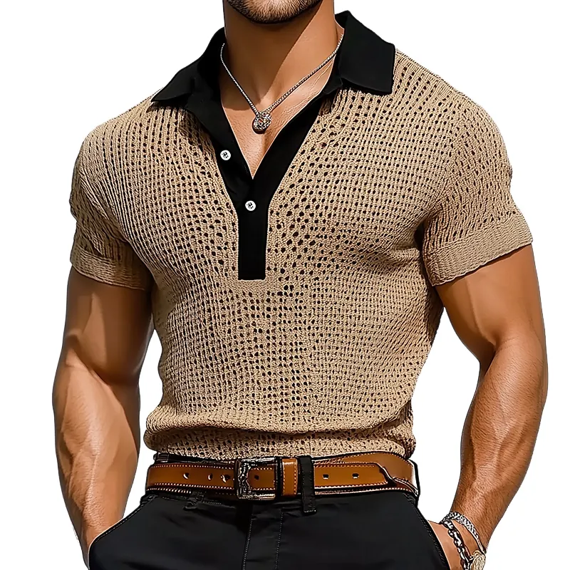 Men's Retro Hollow Knitted Patchwork Short-Sleeved Polo Shirt MTA0720D1TO sold by Manly