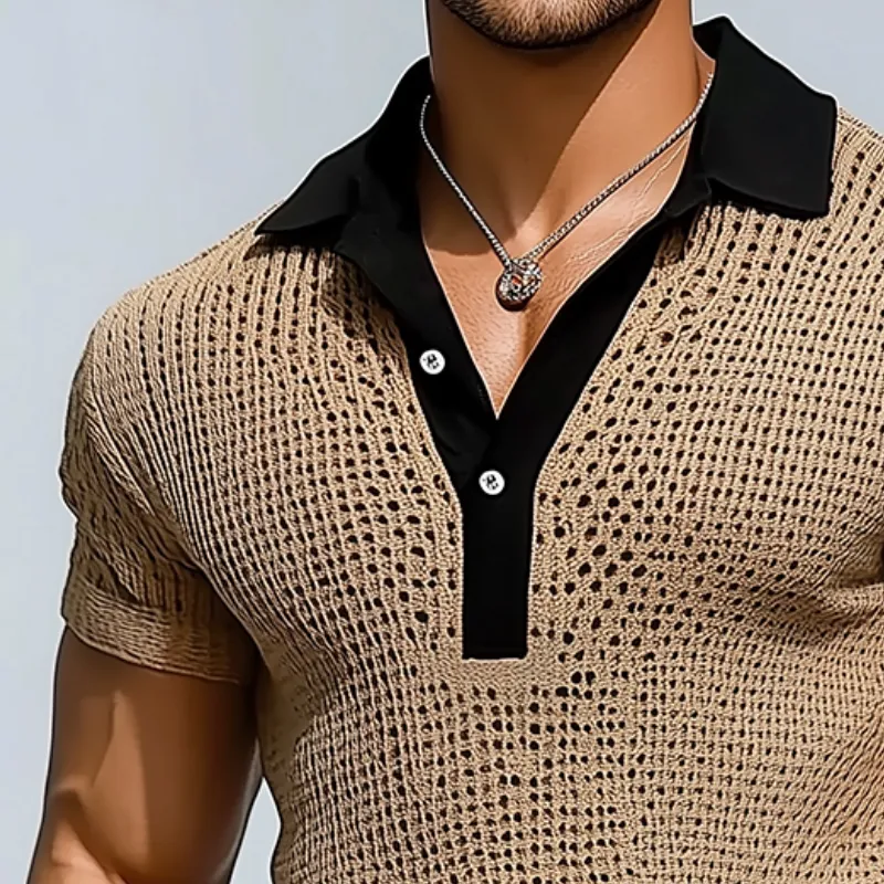 Men's Retro Hollow Knitted Patchwork Short-Sleeved Polo Shirt MTA0720D1TO sold by Manly product image thumbnail 3