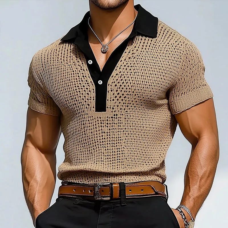 Men's Retro Hollow Knitted Patchwork Short-Sleeved Polo Shirt MTA0720D1TO sold by Manly product image thumbnail 2