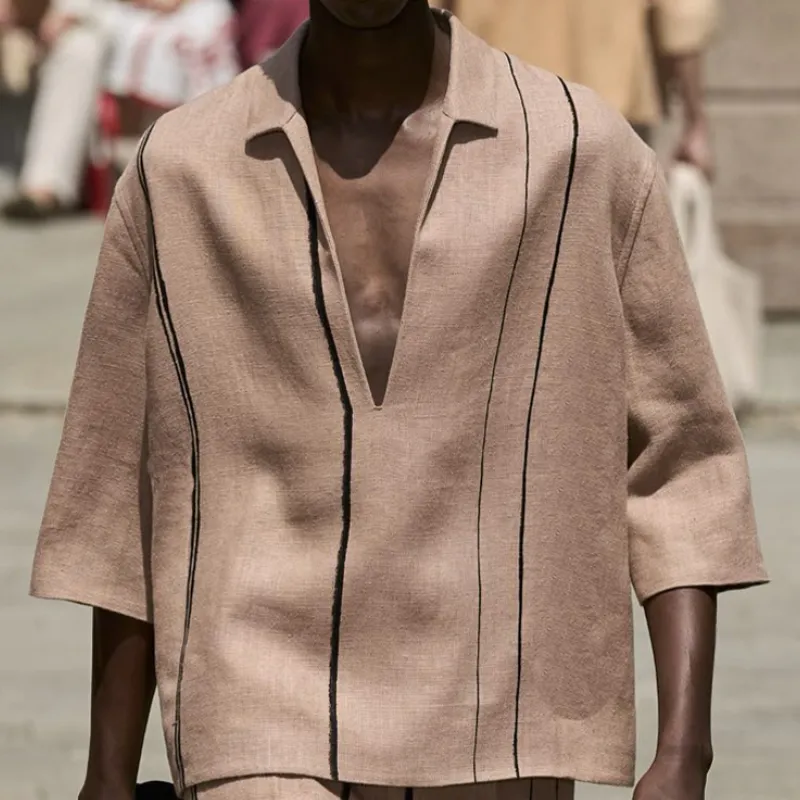 Men's Spring and Summer Fashion Casual V-neck Cotton and Linen Three-quarter Sleeve Shirt MTA0831D6K sold by Manly product image thumbnail 2