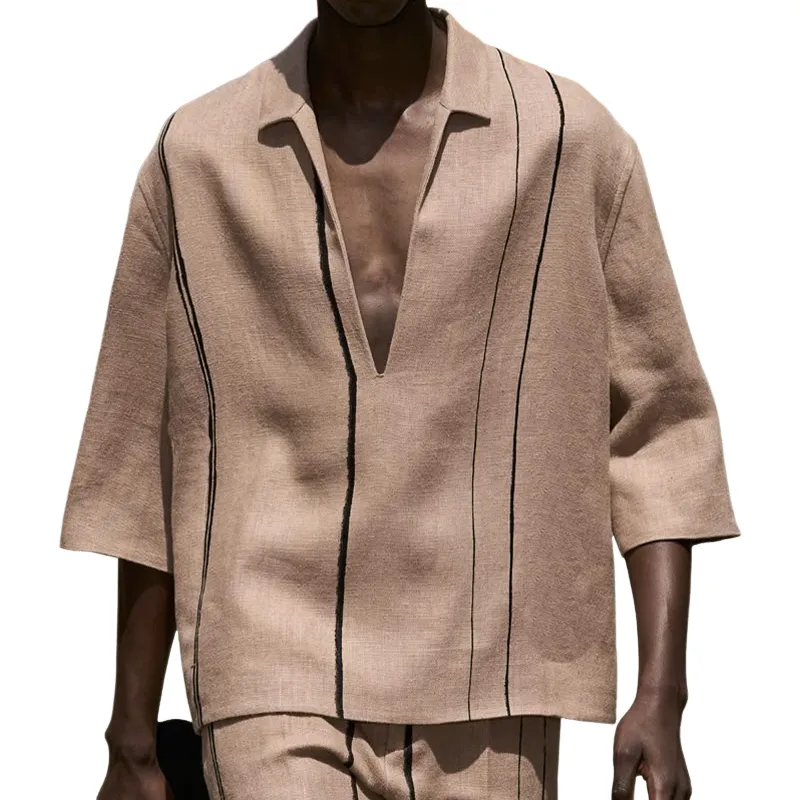 Men's Spring and Summer Fashion Casual V-neck Cotton and Linen Three-quarter Sleeve Shirt MTA0831D6K sold by Manly