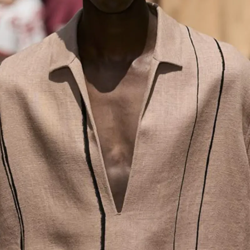 Men's Spring and Summer Fashion Casual V-neck Cotton and Linen Three-quarter Sleeve Shirt MTA0831D6K sold by Manly product image thumbnail 3