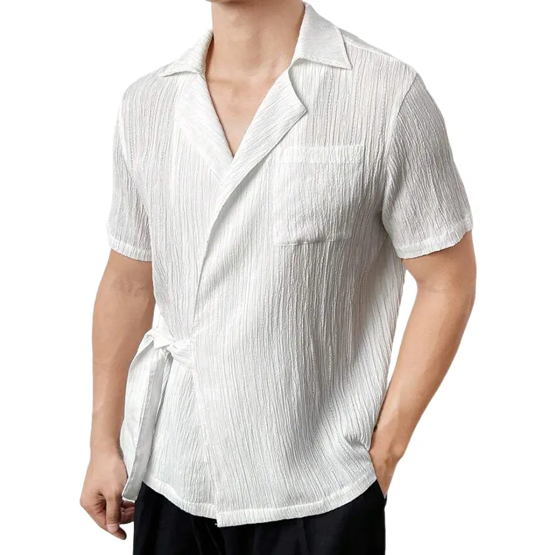 Men's Spring and Summer Fashion Casual Lapel Pleated Fabric Short Sleeve Shirt MTA0850D1K sold by Manly