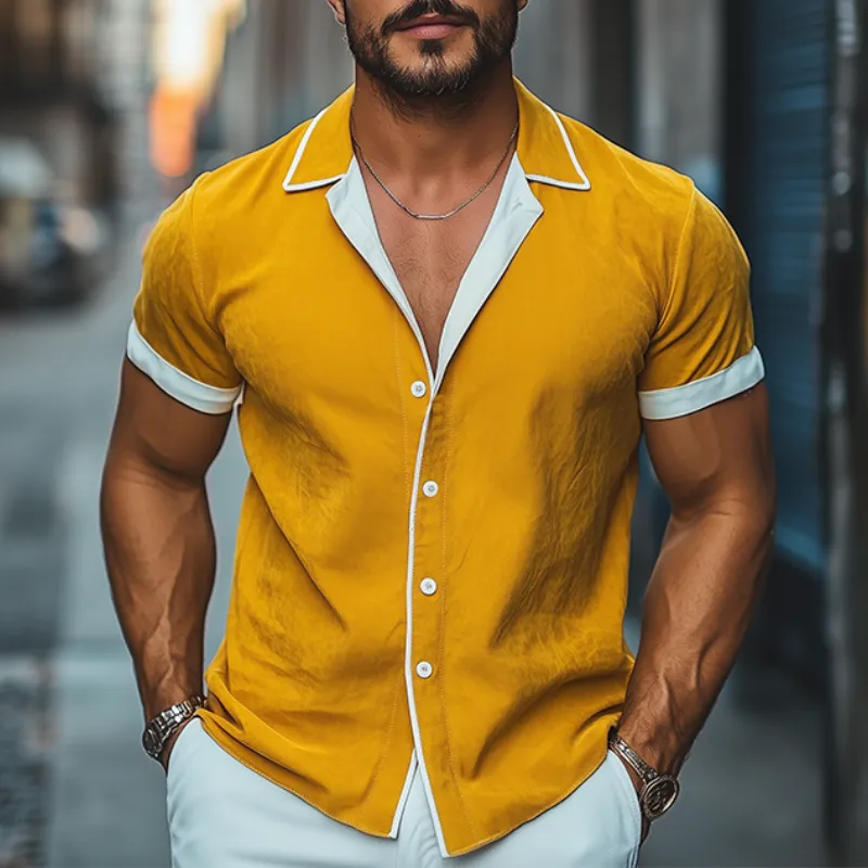 Men's Spring and Summer Fashion Slim Contrast Color Lapel Tencel Cotton Short Sleeve Shirt MTA0784D1K sold by Manly product image thumbnail 2
