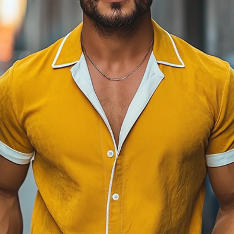 Men's Spring and Summer Fashion Slim Contrast Color Lapel Tencel Cotton Short Sleeve Shirt MTA0784D1K sold by Manly product image thumbnail 4