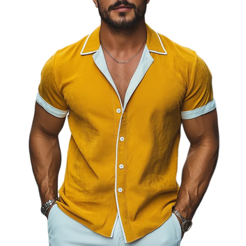 Men's Spring and Summer Fashion Slim Contrast Color Lapel Tencel Cotton Short Sleeve Shirt MTA0784D1K sold by Manly
