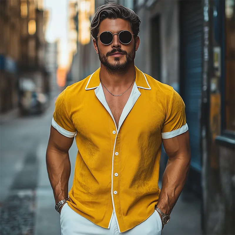 Men's Spring and Summer Fashion Slim Contrast Color Lapel Tencel Cotton Short Sleeve Shirt MTA0784D1K sold by Manly product image thumbnail 3