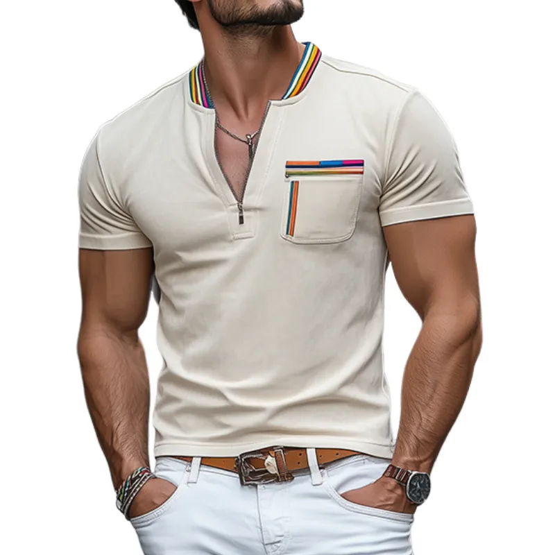 Men's Spring and Summer Fashion Casual V-neck Zipper Suede Short-sleeved T-shirt MTA0817D1K sold by Manly