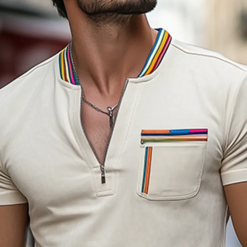 Men's Spring and Summer Fashion Casual V-neck Zipper Suede Short-sleeved T-shirt MTA0817D1K sold by Manly product image thumbnail 4