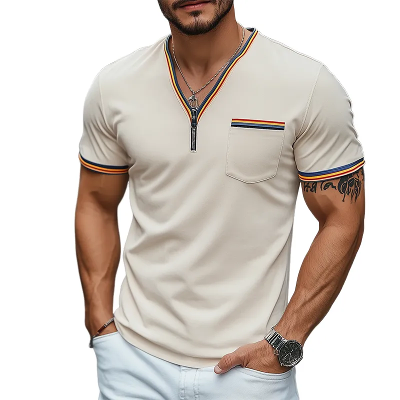 Men's Spring and Summer Fashion Casual V-neck Pocket Suede Short Sleeve T-shirt MTA0854D5K sold by Manly