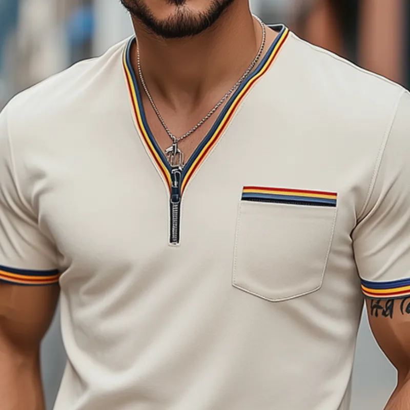 Men's Spring and Summer Fashion Casual V-neck Pocket Suede Short Sleeve T-shirt MTA0854D5K sold by Manly product image thumbnail 3