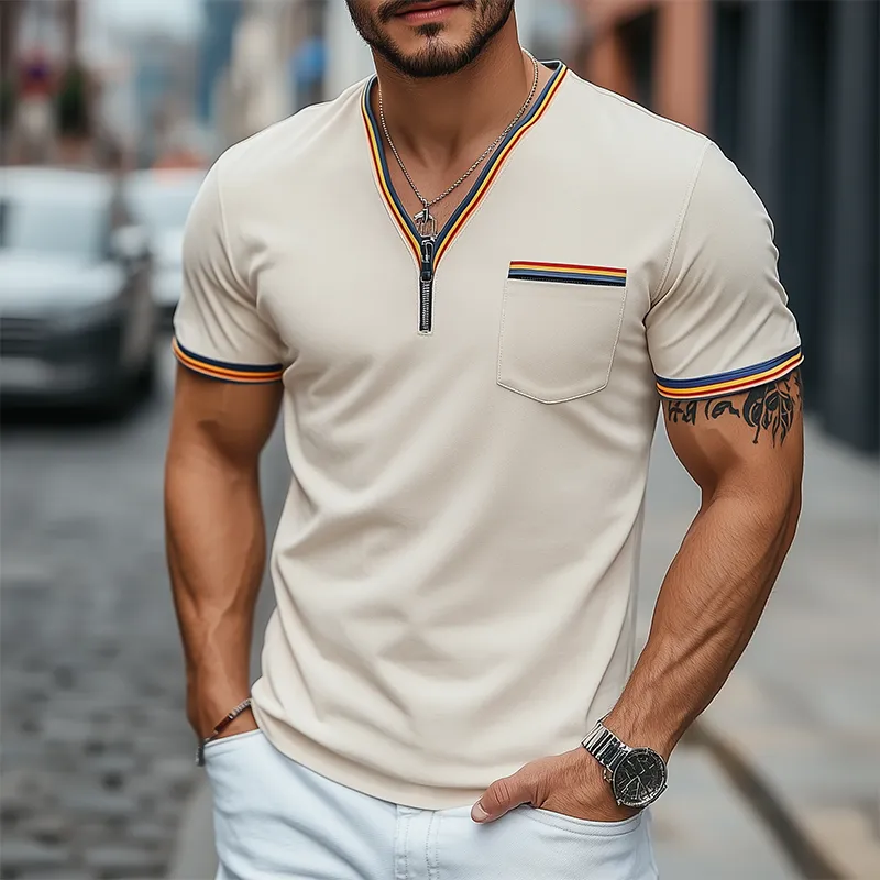 Men's Spring and Summer Fashion Casual V-neck Pocket Suede Short Sleeve T-shirt MTA0854D5K sold by Manly product image thumbnail 2