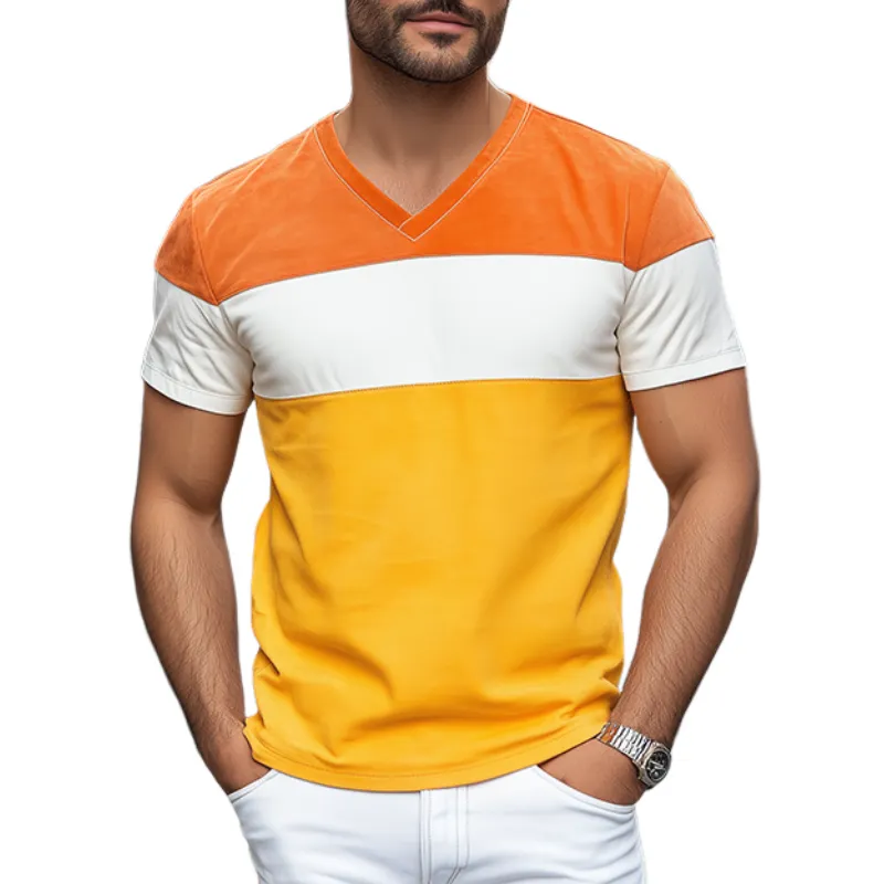 Men's Spring and Summer Personality Casual V-neck Bright Suede Splicing Short-sleeved T-shirt MTA0894D3K sold by Manly