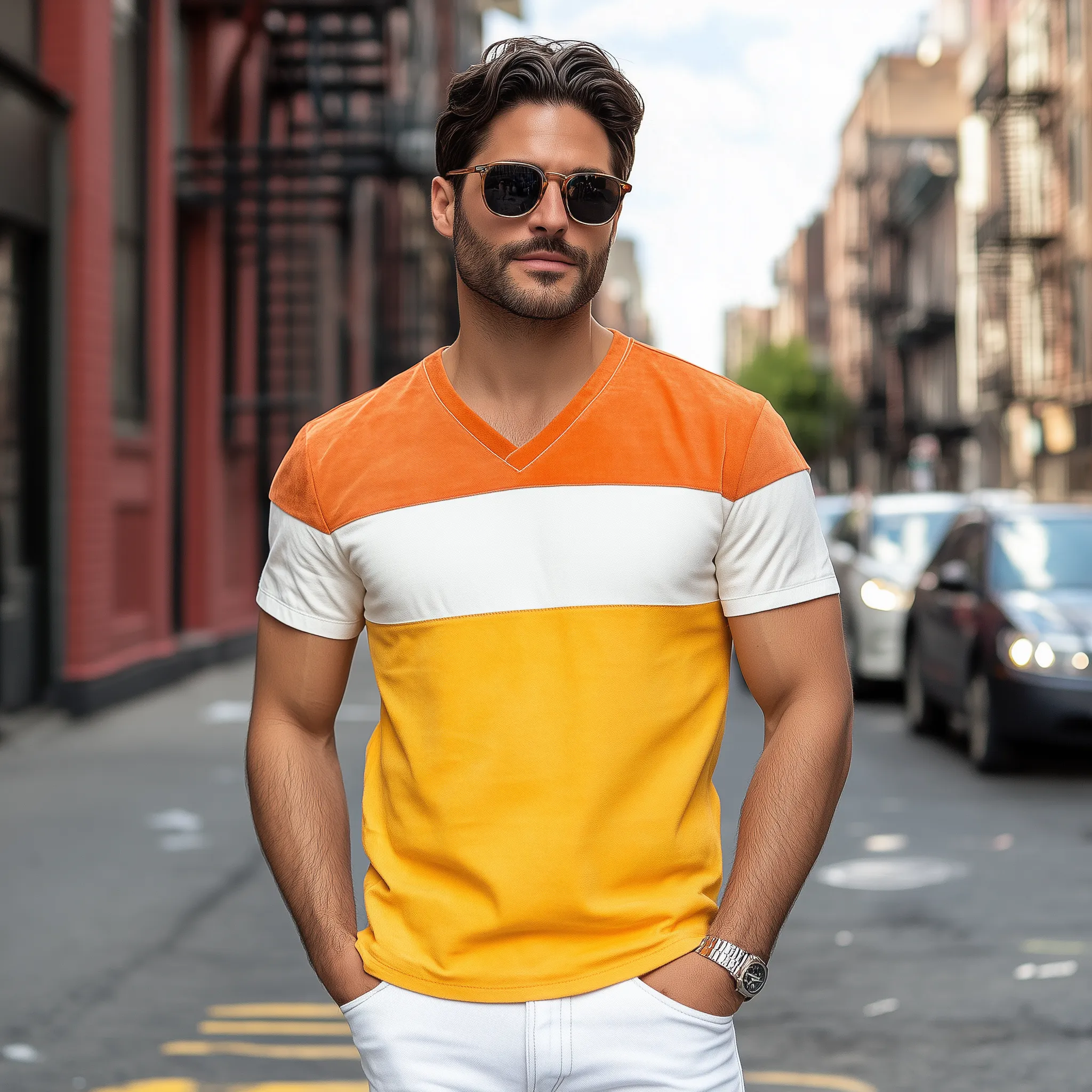 Men's Spring and Summer Personality Casual V-neck Bright Suede Splicing Short-sleeved T-shirt MTA0894D3K sold by Manly product image thumbnail 3