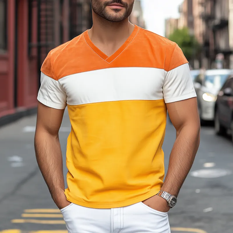 Men's Spring and Summer Personality Casual V-neck Bright Suede Splicing Short-sleeved T-shirt MTA0894D3K sold by Manly product image thumbnail 2