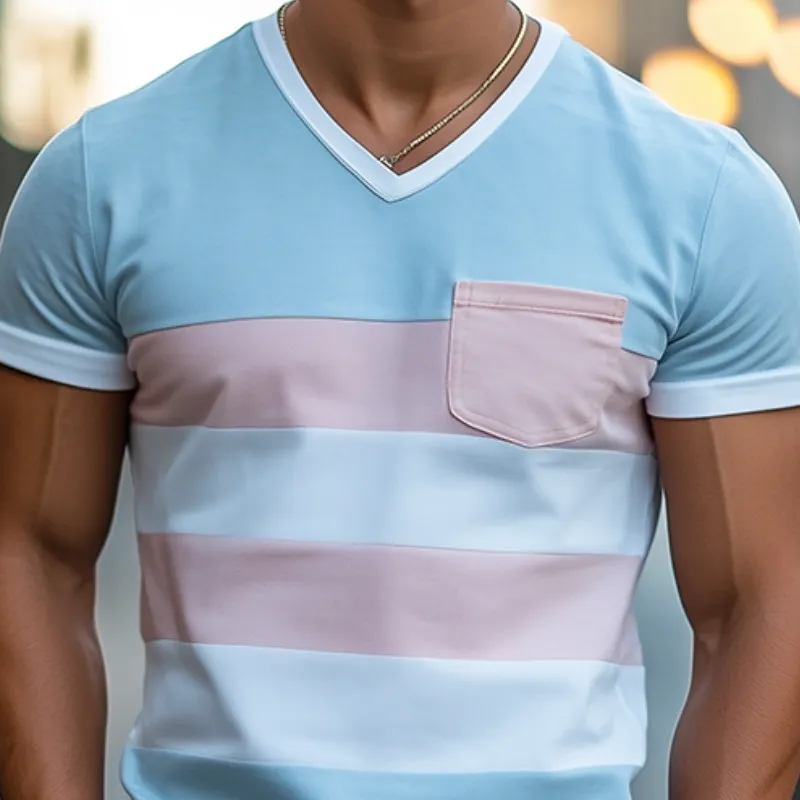 Men's Personalized Casual V-neck Bright Suede Stitching Short-sleeved T-shirt MTA0803D8K sold by Manly product image thumbnail 3