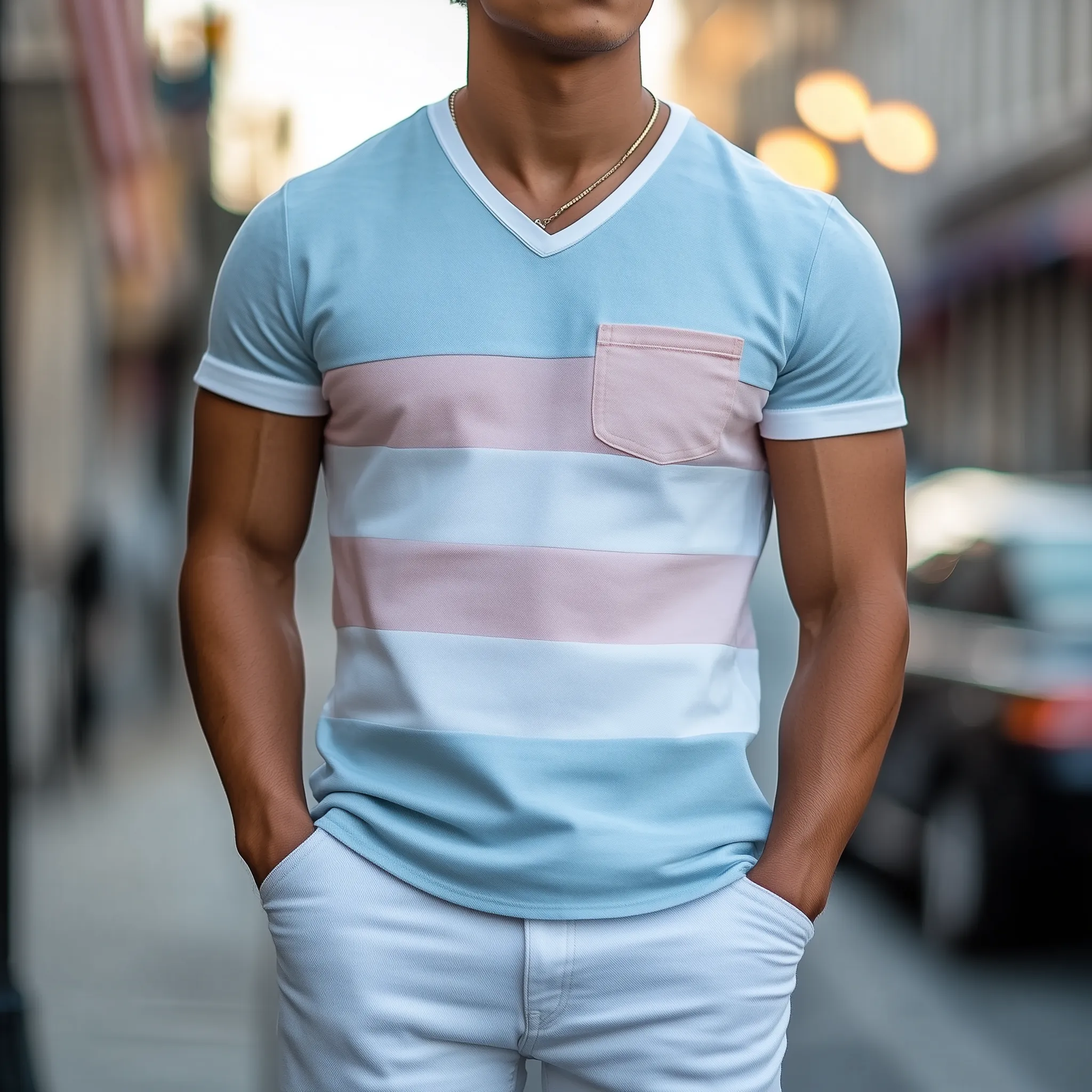 Men's Personalized Casual V-neck Bright Suede Stitching Short-sleeved T-shirt MTA0803D8K sold by Manly product image thumbnail 2