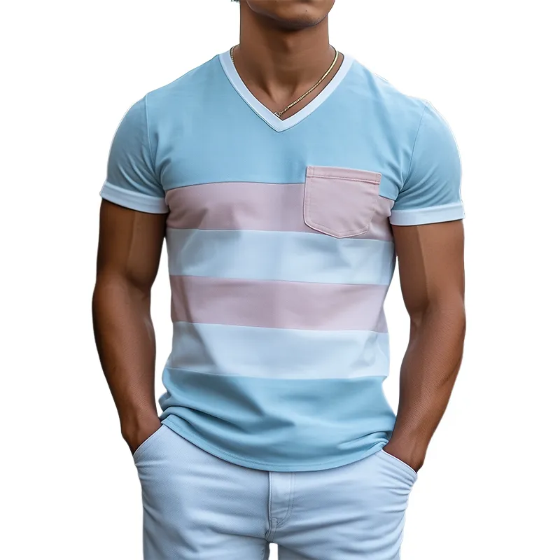 Men's Personalized Casual V-neck Bright Suede Stitching Short-sleeved T-shirt MTA0803D8K sold by Manly