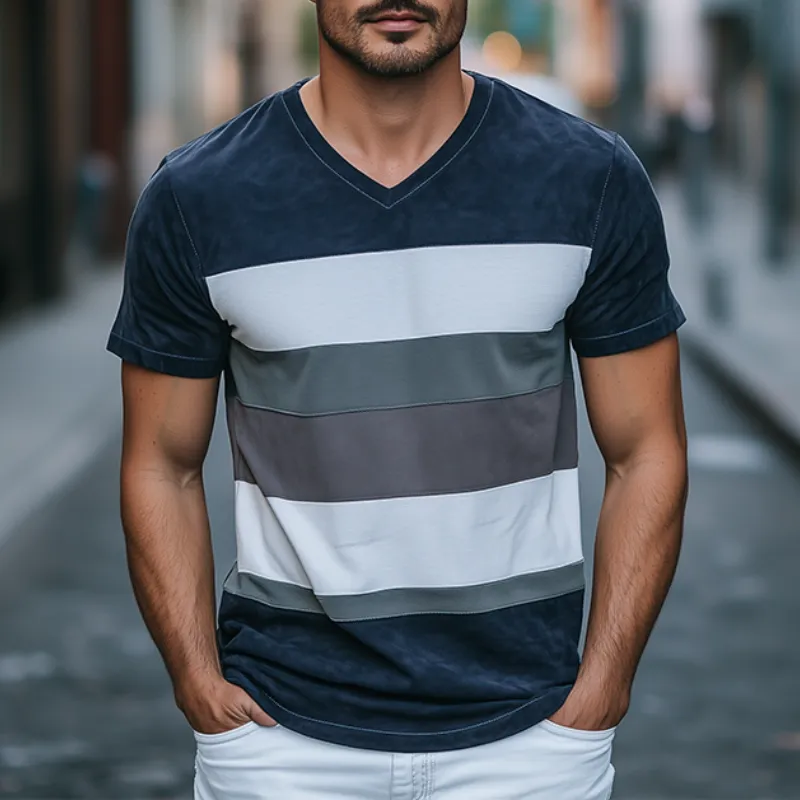 Men's Spring Fashion Personality Slim V-neck Suede Splicing Short Sleeve T-shirt MTA0880D2K sold by Manly product image thumbnail 2