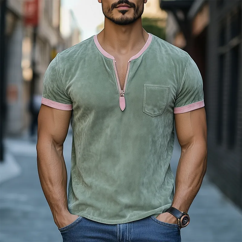 Men's Spring and Summer Fashion Casual V-neck Zipper Contrast Color Splicing Suede Short Sleeve T-shirt MTA0839D2K sold by Manly product image thumbnail 2