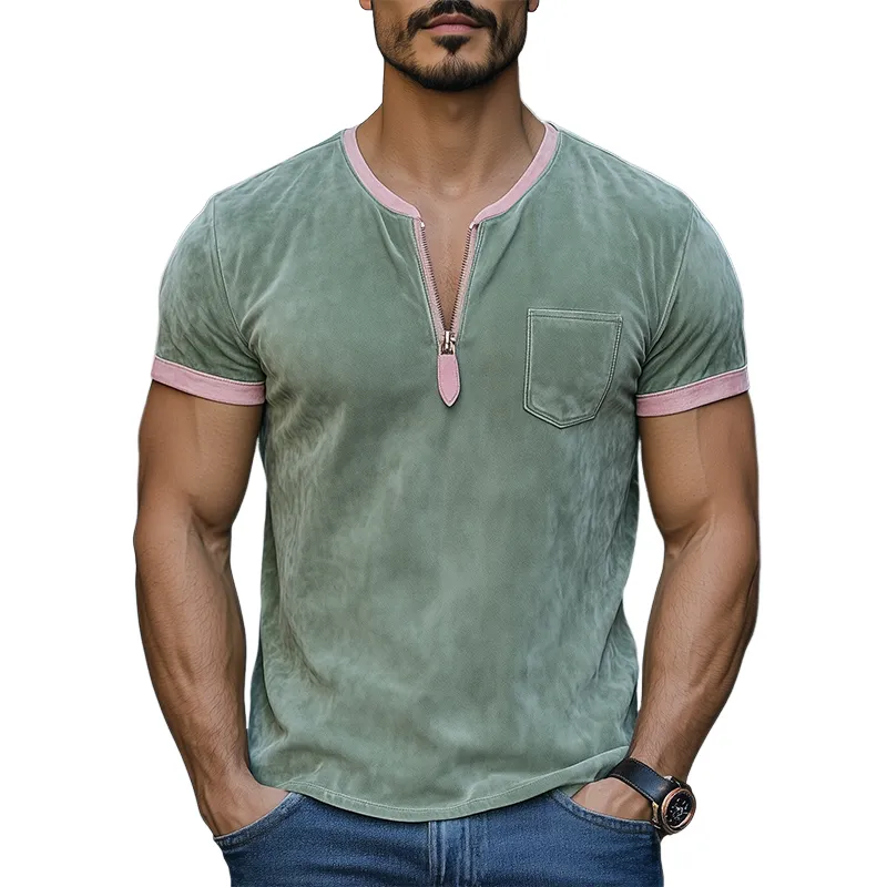 Men's Spring and Summer Fashion Casual V-neck Zipper Contrast Color Splicing Suede Short Sleeve T-shirt MTA0839D2K sold by Manly