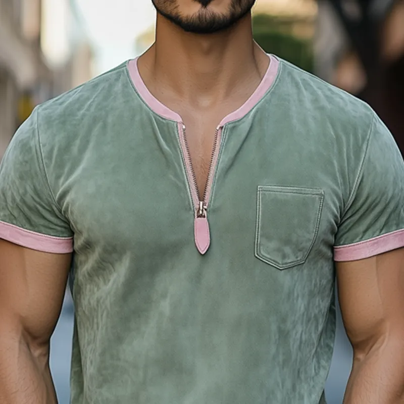 Men's Spring and Summer Fashion Casual V-neck Zipper Contrast Color Splicing Suede Short Sleeve T-shirt MTA0839D2K sold by Manly product image thumbnail 3