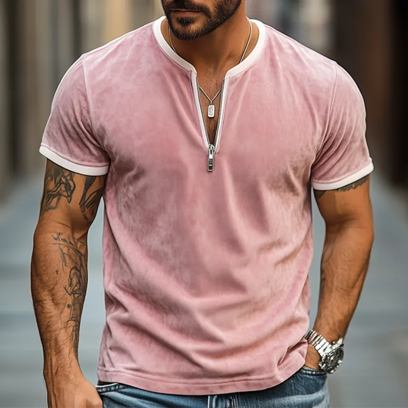 Men's Spring and Summer Fashion Slim V-neck Zipper Suede Short-sleeved T-shirt MTA0702D4K sold by Manly product image thumbnail 2