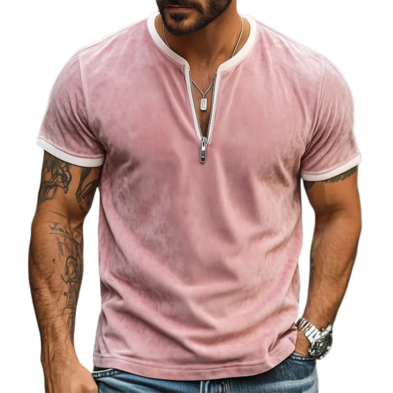 Men's Spring and Summer Fashion Slim V-neck Zipper Suede Short-sleeved T-shirt MTA0702D4K sold by Manly