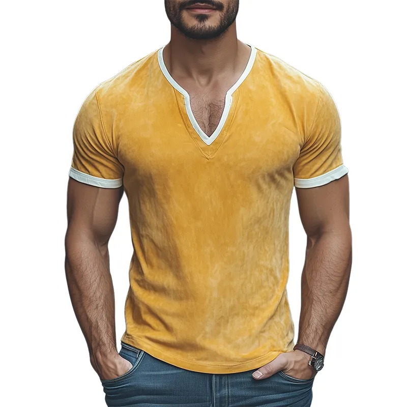 Men's Spring and Summer Fashion Slim Contrast Color Thin Suede Short Sleeve T-shirt MTA0794D4K sold by Manly