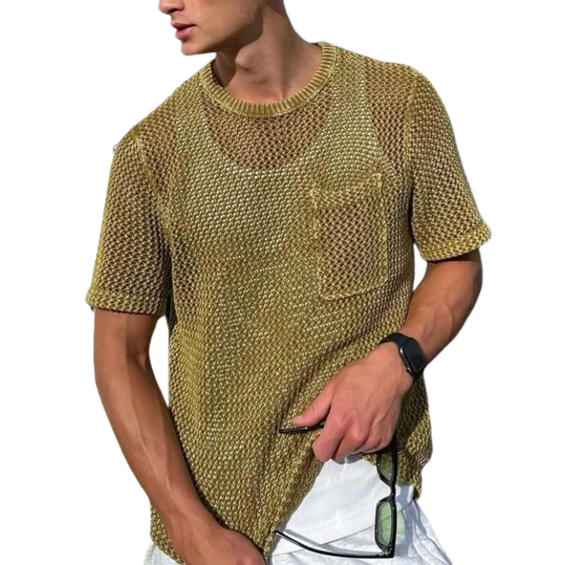 Men's Casual Round Neck Hollow Loose Knitted Short Sleeve Sweater T-Shirt (Tank Top Excluded) MTA0734D3M sold by Manly