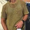 Men's Casual Round Neck Hollow Loose Knitted Short Sleeve Sweater T-Shirt (Tank Top Excluded) MTA0734D3M sold by Manly